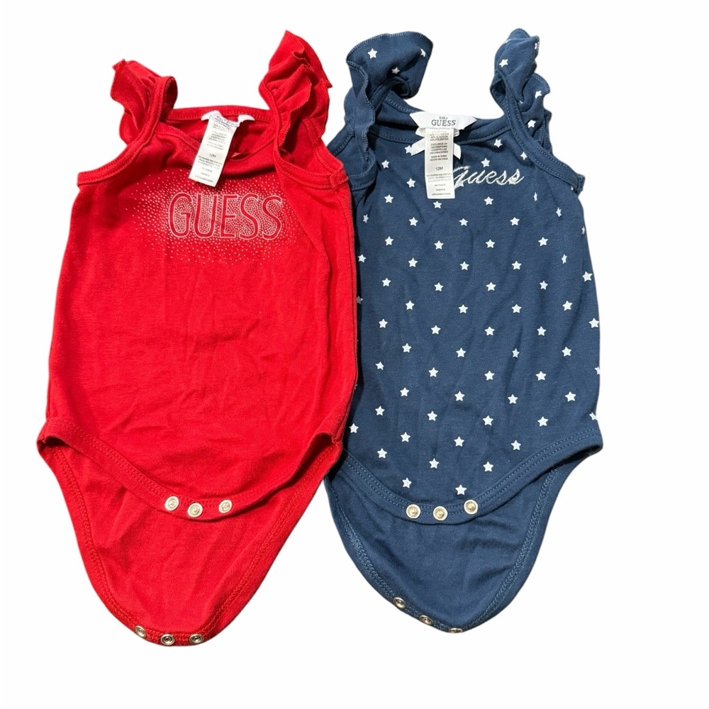 GUESS Red & Navy Ruffle-Shoulder Onesies. Gently used. Bundle and Save